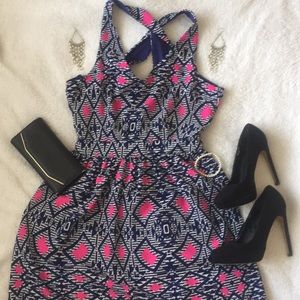 Navy Blue and pink Aztec pattern flow dress